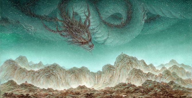 Dragon in sky, AI art, fantasy wallpaper
