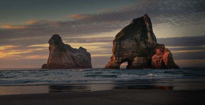 New Zealand, beach, arc, cliff, sunset wallpaper