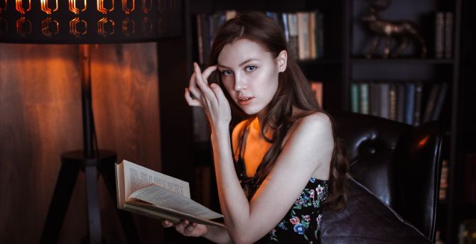 Brunette, woman, cute look, reading book wallpaper