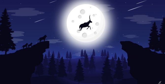 Deer jump, moon, forest, silhouette wallpaper