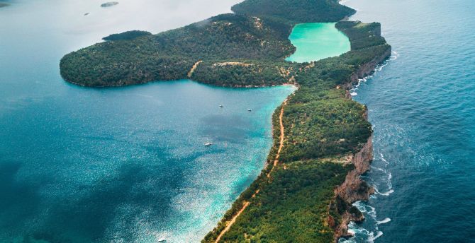 Aerial view, coast, tropical island, nature wallpaper