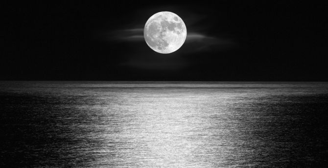 Moon, sea, sky, monochrome, night wallpaper