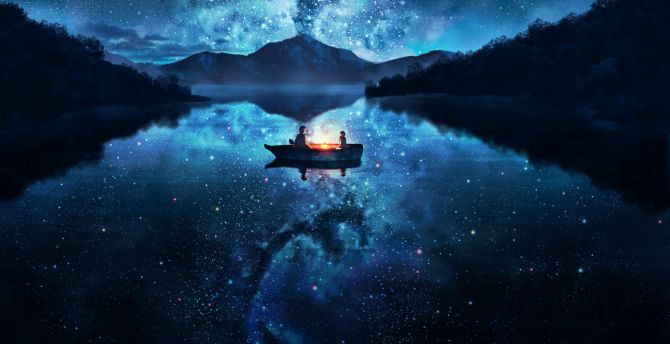 Beautiful lake, night out, dark, lake and boat, reflections wallpaper