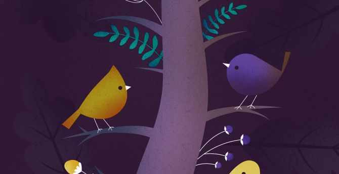 Birds, tree, colorful, art wallpaper