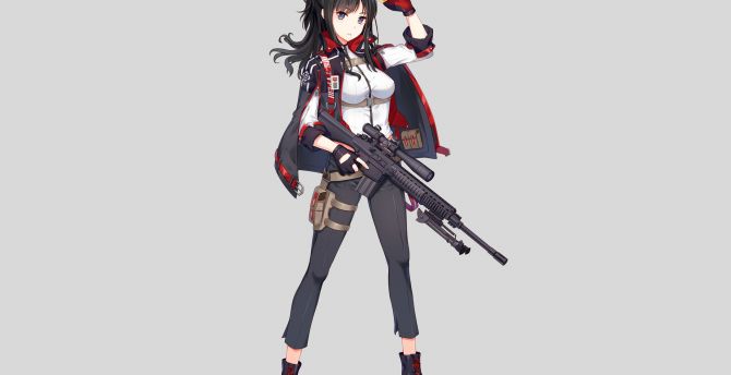 Anime girl, soldier, with gun, minimal wallpaper