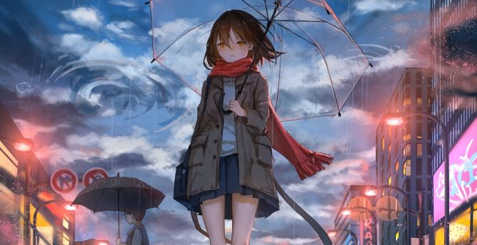 Girl with umbrella, rain, anime, original wallpaper