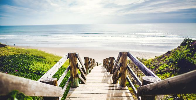 Beach, wooden stair, holiday, nature wallpaper