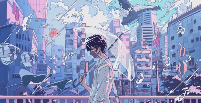 Underwater, boy walk, anime wallpaper