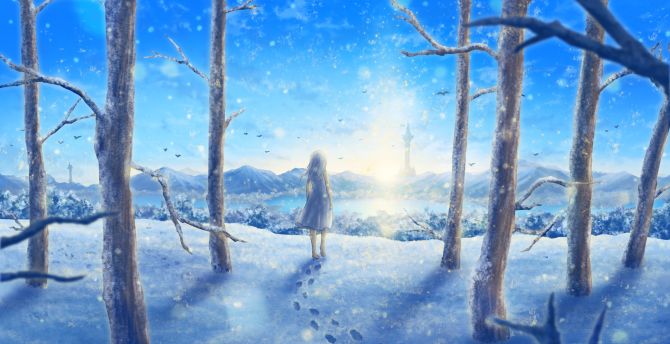 Girl and winter, forest, fantasy art wallpaper