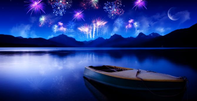 New year, fireworks, 2018, boat, reflections wallpaper