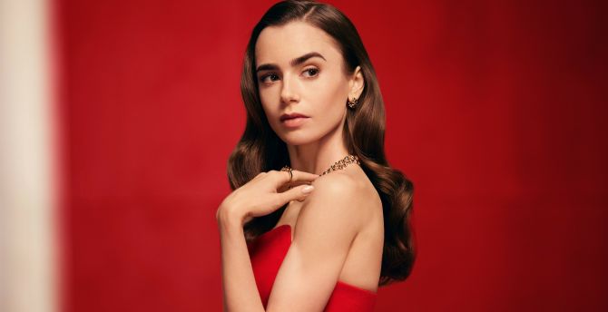 2021, Lily Collins, red dress, gorgeous actress wallpaper
