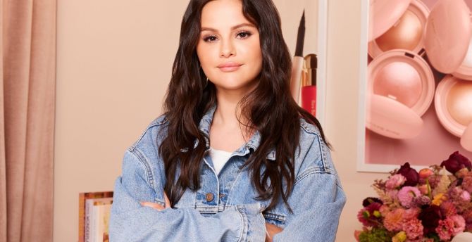 Selena Gomez, denim outfit, 2023 wallpaper