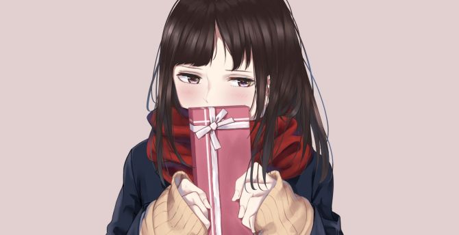 Cute, anime girl, shy, gift box wallpaper