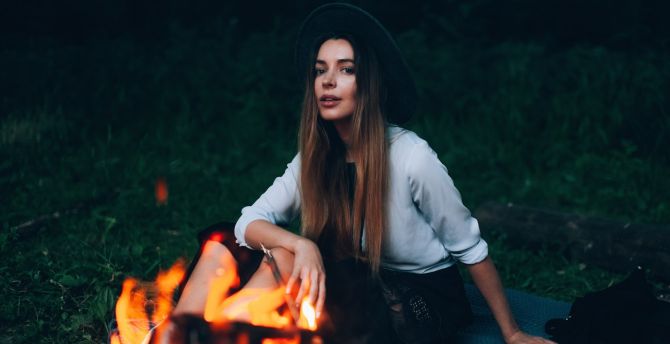 Outdoor, woman, girl model, bonfire wallpaper