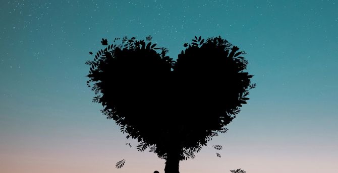 Silhouette, sunset, heart shape, tree, person, gradient wallpaper