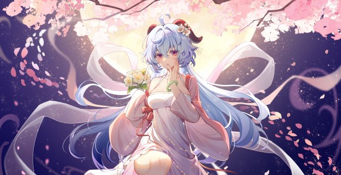 Blossom and girl, blue hair, Genshin Impact, game wallpaper