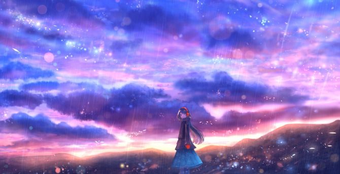 Rain, clouds, colorful, sky, anime girl wallpaper