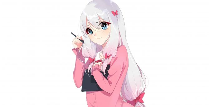 Izumi sagiri, white hair, pink dress, cute, minimal wallpaper