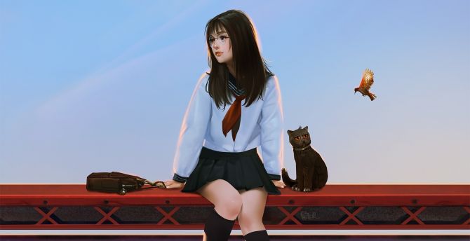 Anime girl and her kitten, original, artwork wallpaper