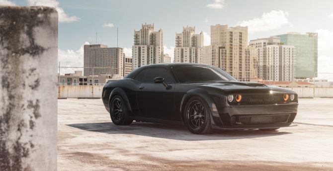 Muscle car, black, Dodge Challenger SRT, side view, 2019 wallpaper