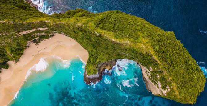 Kelingking beach, cliff, aerial view wallpaper