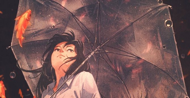 Original, anime girl, umbrella, fishes wallpaper