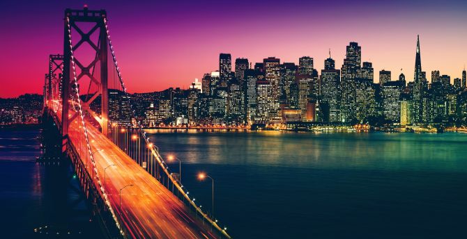 San Francisco, city, buildings, bridge, night wallpaper