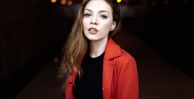 Red jacket, girl model, juicy lips wallpaper
