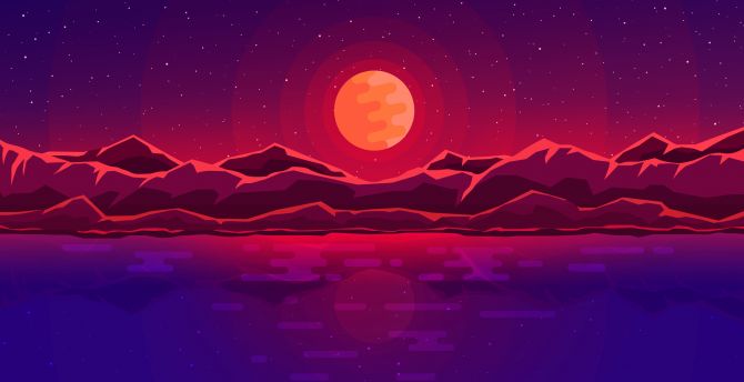Moon rays, red space, sky, abstract, mountains wallpaper