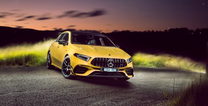 Mercedes-AMG A 45 4MATIC+, yellow car, 2020 wallpaper