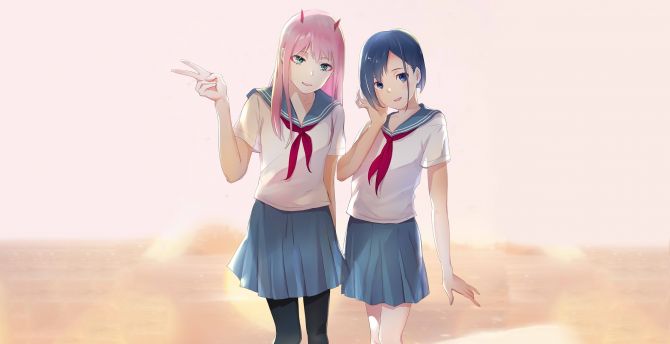 Cute, Ichigo and Zero Two, anime girls, art wallpaper