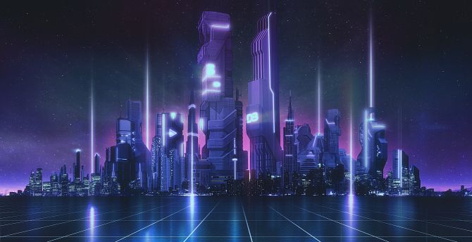 Future city, bluish theme, digital art wallpaper