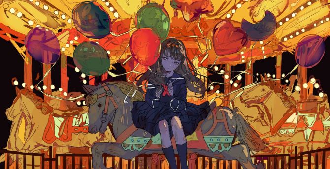 Ferris wheel, anime girl, balloons, art wallpaper