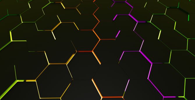Dark surface, colorful edges, hexagonal wallpaper