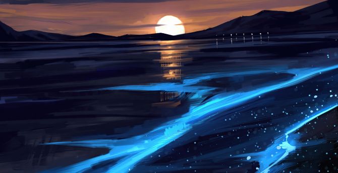 Sunset, glowing lake, artwork wallpaper