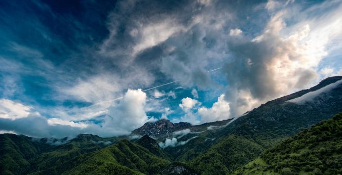 Clouds, sky, green mountains, sunny day wallpaper