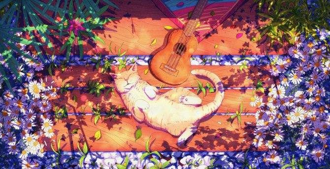 Cat and guitar, relaxing moment, art wallpaper