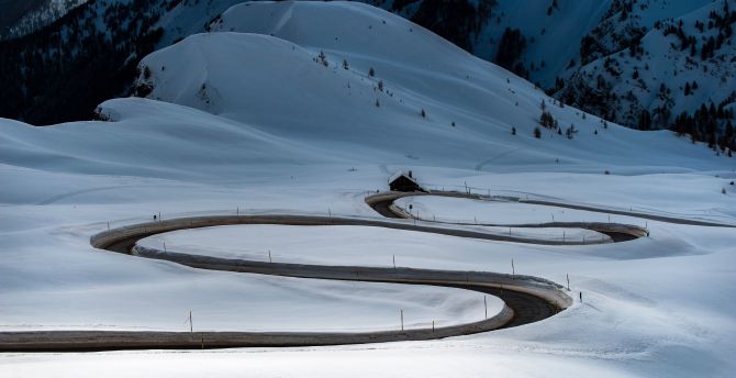 Road, turns, winter, snow layer wallpaper