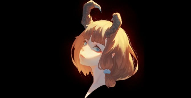Desktop Wallpaper Horns Anime Girl Original Blonde Short