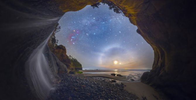 Coastal Cave, starry sky, sunset, USA wallpaper