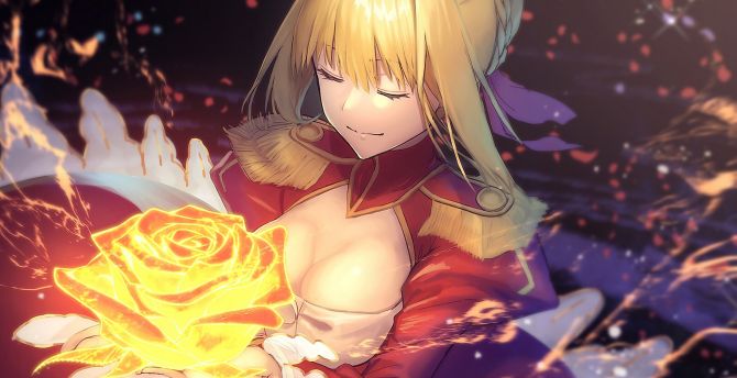 Anime girl, fire flower, closed eyes, Saber wallpaper