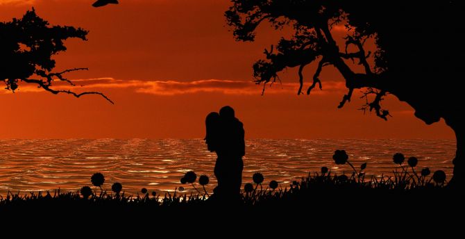 Romantic, couple, silhouette, sunset, art wallpaper