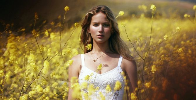 Jennifer Lawrence, celebrity, yellow flowers, outdoor wallpaper