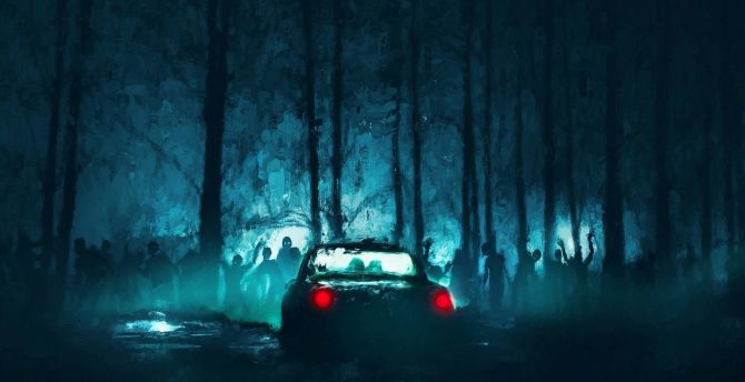 Zombies, car, night, dark, art wallpaper