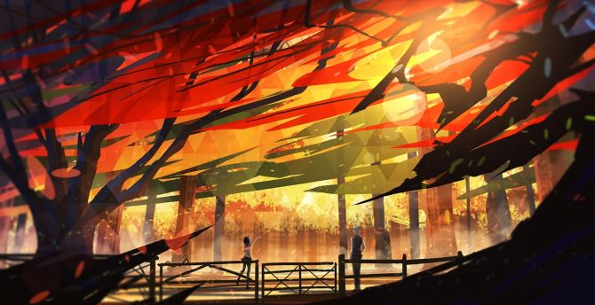 Anime, outdoor, friends, autumn, art wallpaper