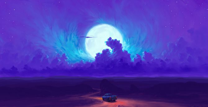 Moonrise, minimal, blue clouds, road, car drive, fantasy art wallpaper