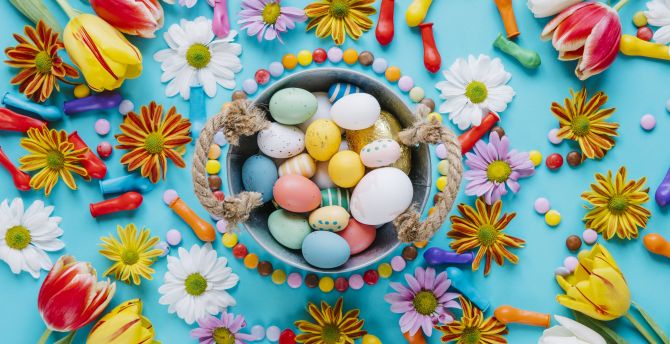 Easter, colored eggs, basket, decorative wallpaper