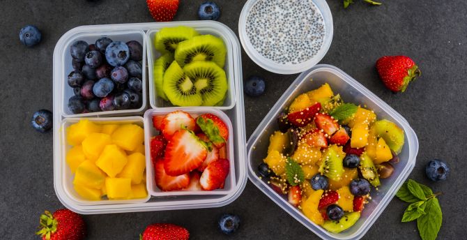 Fruits, salad, blueberry, strawberry, kiwifruits wallpaper
