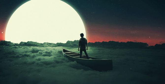 Sail to the moon, clouds, boat, art wallpaper