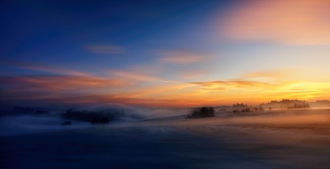 Winter, dawn, sunrise, sky, fog wallpaper